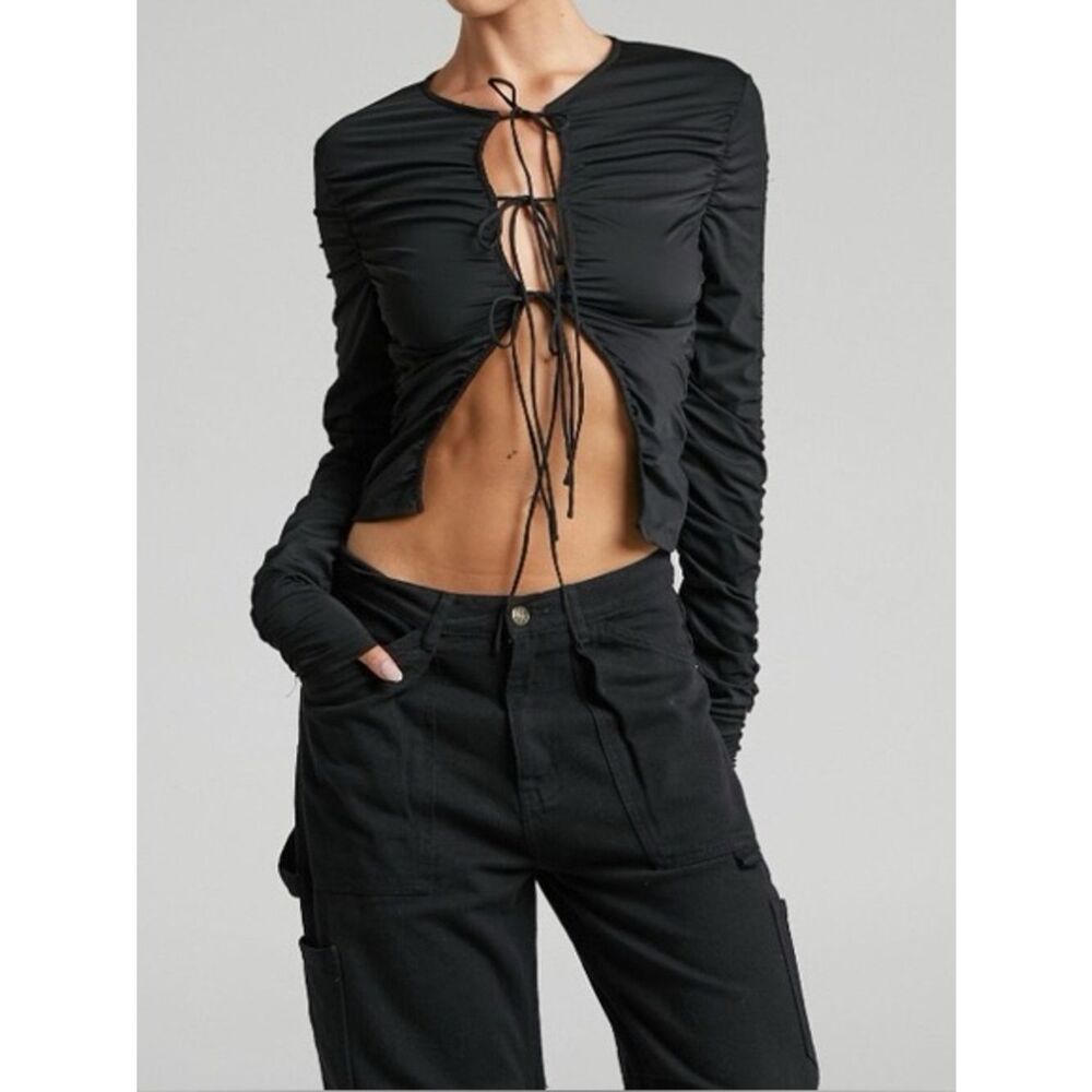 LIONESS Kalifornina Tie Front Ruched Top Black Large Edgy Party